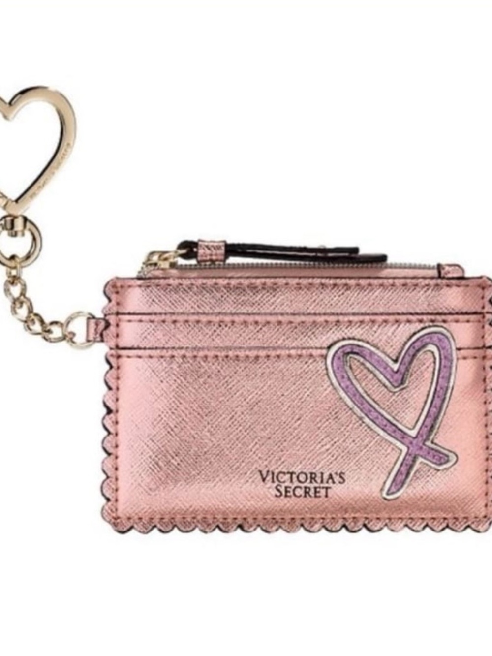 Victoria's Secret Metallic Pink Heart Card Case Keychain wallet